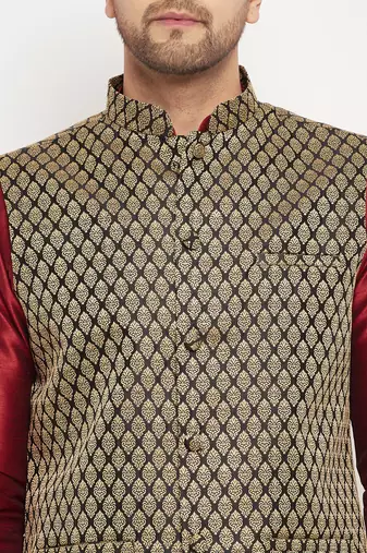 Black And Maroon Silk Blend Jacket, Kurta And Pyjama Set