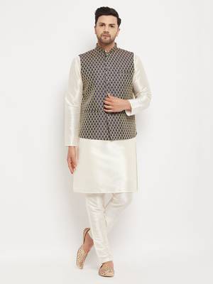 Blue And Cream Silk Blend Jacket, Kurta And Pyjama Set 1