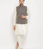 Blue And Cream Silk Blend Jacket, Kurta And Pyjama Set