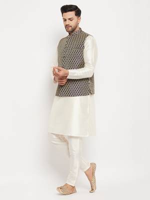 Blue And Cream Silk Blend Jacket, Kurta And Pyjama Set 2