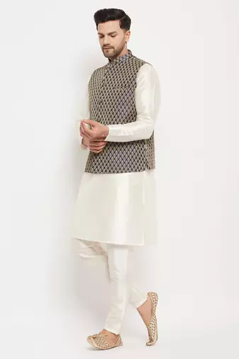 Blue And Cream Silk Blend Jacket, Kurta And Pyjama Set