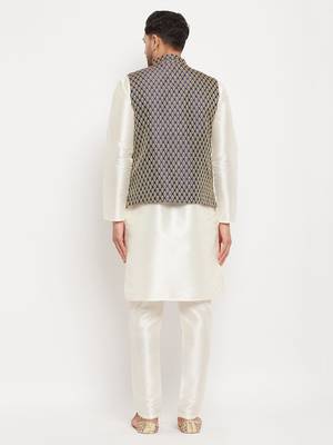 Blue And Cream Silk Blend Jacket, Kurta And Pyjama Set 3