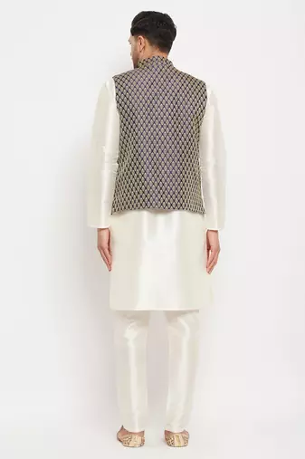 Blue And Cream Silk Blend Jacket, Kurta And Pyjama Set