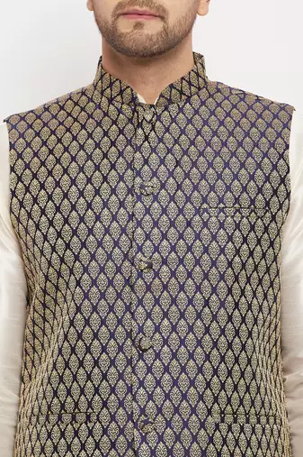 Blue And Cream Silk Blend Jacket, Kurta And Pyjama Set