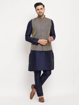 Navy Blue Silk Blend Jacket, Kurta And Pyjama Set 1