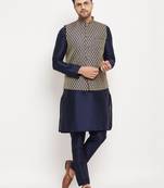 Navy Blue Silk Blend Jacket, Kurta And Pyjama Set