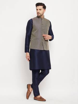 Navy Blue Silk Blend Jacket, Kurta And Pyjama Set 2