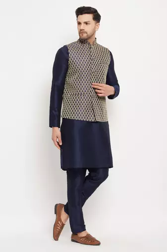 Navy Blue Silk Blend Jacket, Kurta And Pyjama Set