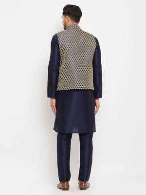 Navy Blue Silk Blend Jacket, Kurta And Pyjama Set 3