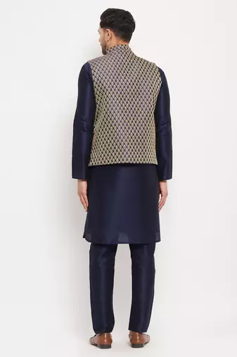 Navy Blue Silk Blend Jacket, Kurta And Pyjama Set
