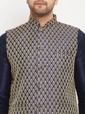 Navy Blue Silk Blend Jacket, Kurta And Pyjama Set 4