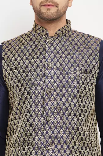 Navy Blue Silk Blend Jacket, Kurta And Pyjama Set