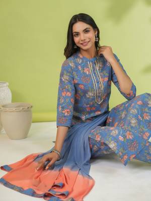 Janasya women's blue cotton floral straight kurta set 1