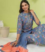Janasya women's blue cotton floral straight kurta set