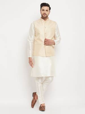 Cream Silk Blend Jacket, Kurta And Pyjama Set 1