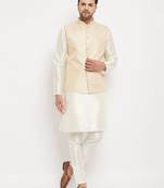 Cream Silk Blend Jacket, Kurta And Pyjama Set