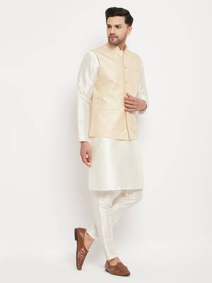 Cream Silk Blend Jacket, Kurta And Pyjama Set 2