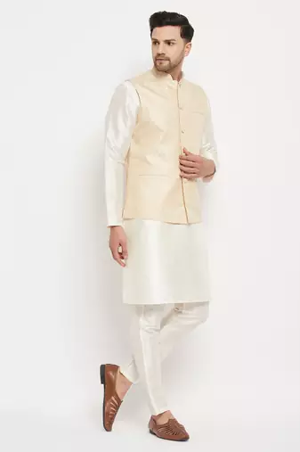 Cream Silk Blend Jacket, Kurta And Pyjama Set