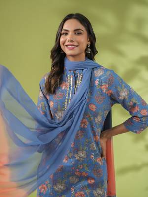 Janasya women's blue cotton floral straight kurta set 2