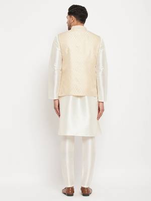 Cream Silk Blend Jacket, Kurta And Pyjama Set 3