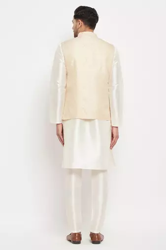 Cream Silk Blend Jacket, Kurta And Pyjama Set