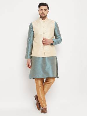 Aqua, Cream And Rose Gold Silk Blend Jacket, Kurta And Pyjama Set 1