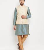 Aqua, Cream And Rose Gold Silk Blend Jacket, Kurta And Pyjama Set