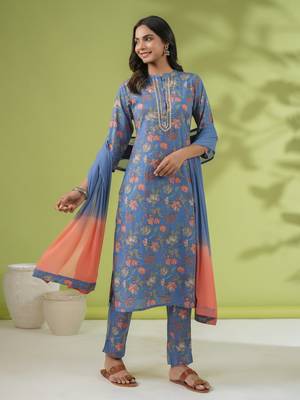 Janasya women's blue cotton floral straight kurta set 4