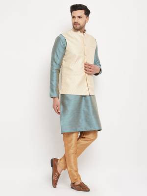 Aqua, Cream And Rose Gold Silk Blend Jacket, Kurta And Pyjama Set 2