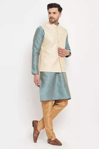 Aqua, Cream And Rose Gold Silk Blend Jacket, Kurta And Pyjama Set