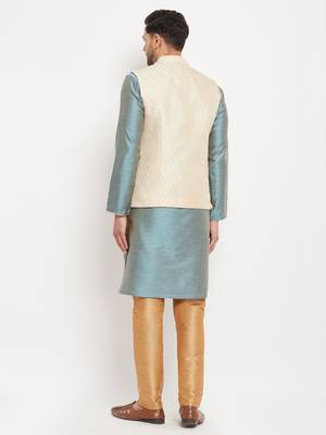 Aqua, Cream And Rose Gold Silk Blend Jacket, Kurta And Pyjama Set 3