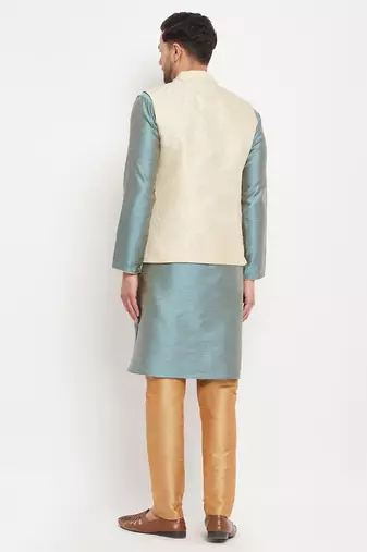 Aqua, Cream And Rose Gold Silk Blend Jacket, Kurta And Pyjama Set