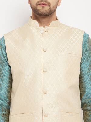 Aqua, Cream And Rose Gold Silk Blend Jacket, Kurta And Pyjama Set 4