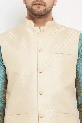 Aqua, Cream And Rose Gold Silk Blend Jacket, Kurta And Pyjama Set