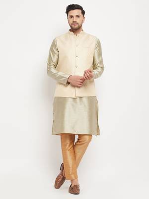 Cream, Beige And Rose Gold Silk Blend Jacket, Kurta And Pyjama Set 1