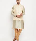 Cream, Beige And Rose Gold Silk Blend Jacket, Kurta And Pyjama Set