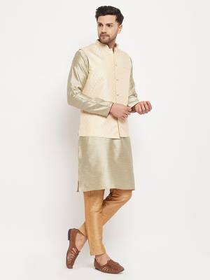Cream, Beige And Rose Gold Silk Blend Jacket, Kurta And Pyjama Set 2