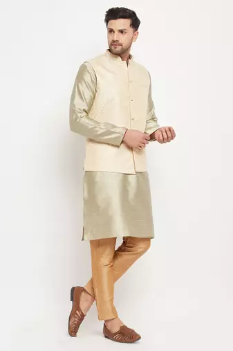 Cream, Beige And Rose Gold Silk Blend Jacket, Kurta And Pyjama Set
