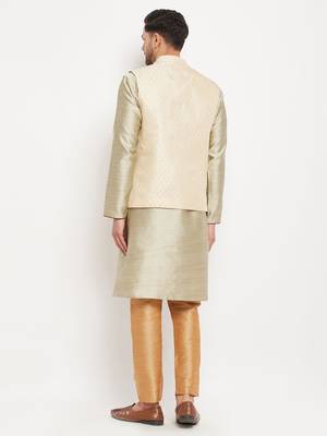 Cream, Beige And Rose Gold Silk Blend Jacket, Kurta And Pyjama Set 3