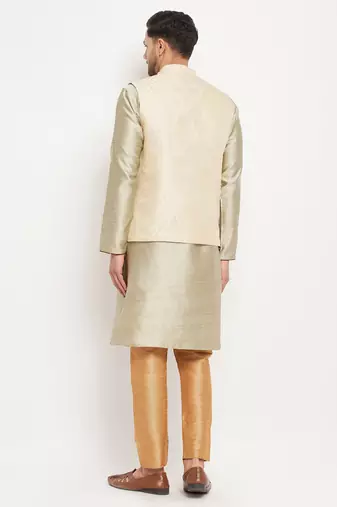 Cream, Beige And Rose Gold Silk Blend Jacket, Kurta And Pyjama Set