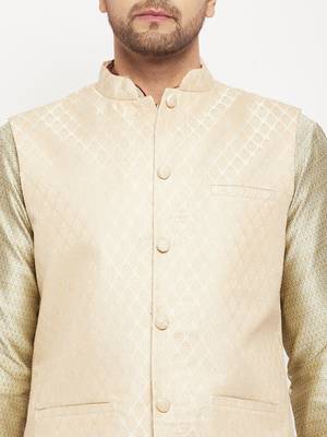 Cream, Beige And Rose Gold Silk Blend Jacket, Kurta And Pyjama Set 4