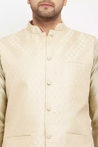 Cream, Beige And Rose Gold Silk Blend Jacket, Kurta And Pyjama Set