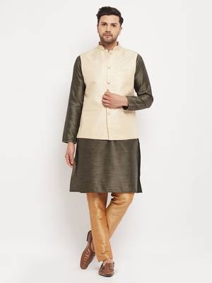 Black,Cream And Rose Gold Silk Blend Jacket, Kurta And Pyjama Set 1