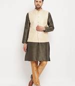 Men'S Black,Cream And Rose Gold Silk Blend Jacket, Kurta And Pyjama Set