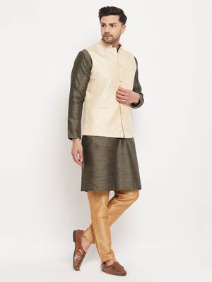 Black,Cream And Rose Gold Silk Blend Jacket, Kurta And Pyjama Set 2