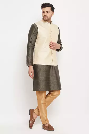 Black,Cream And Rose Gold Silk Blend Jacket, Kurta And Pyjama Set