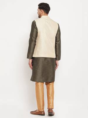 Black,Cream And Rose Gold Silk Blend Jacket, Kurta And Pyjama Set 3
