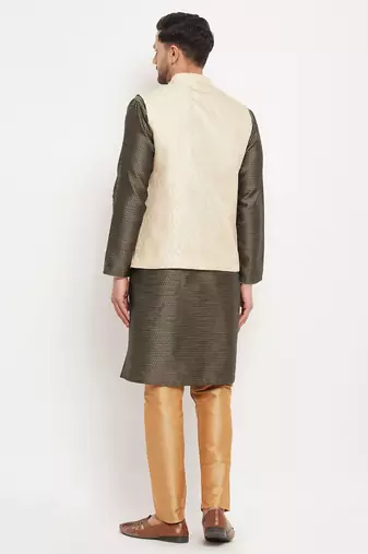 Black,Cream And Rose Gold Silk Blend Jacket, Kurta And Pyjama Set