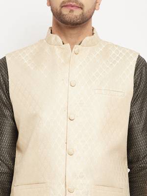 Black,Cream And Rose Gold Silk Blend Jacket, Kurta And Pyjama Set 4