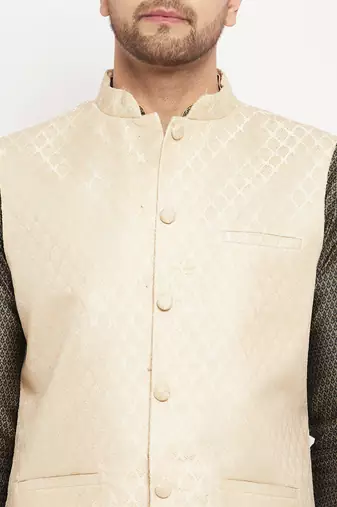 Black,Cream And Rose Gold Silk Blend Jacket, Kurta And Pyjama Set